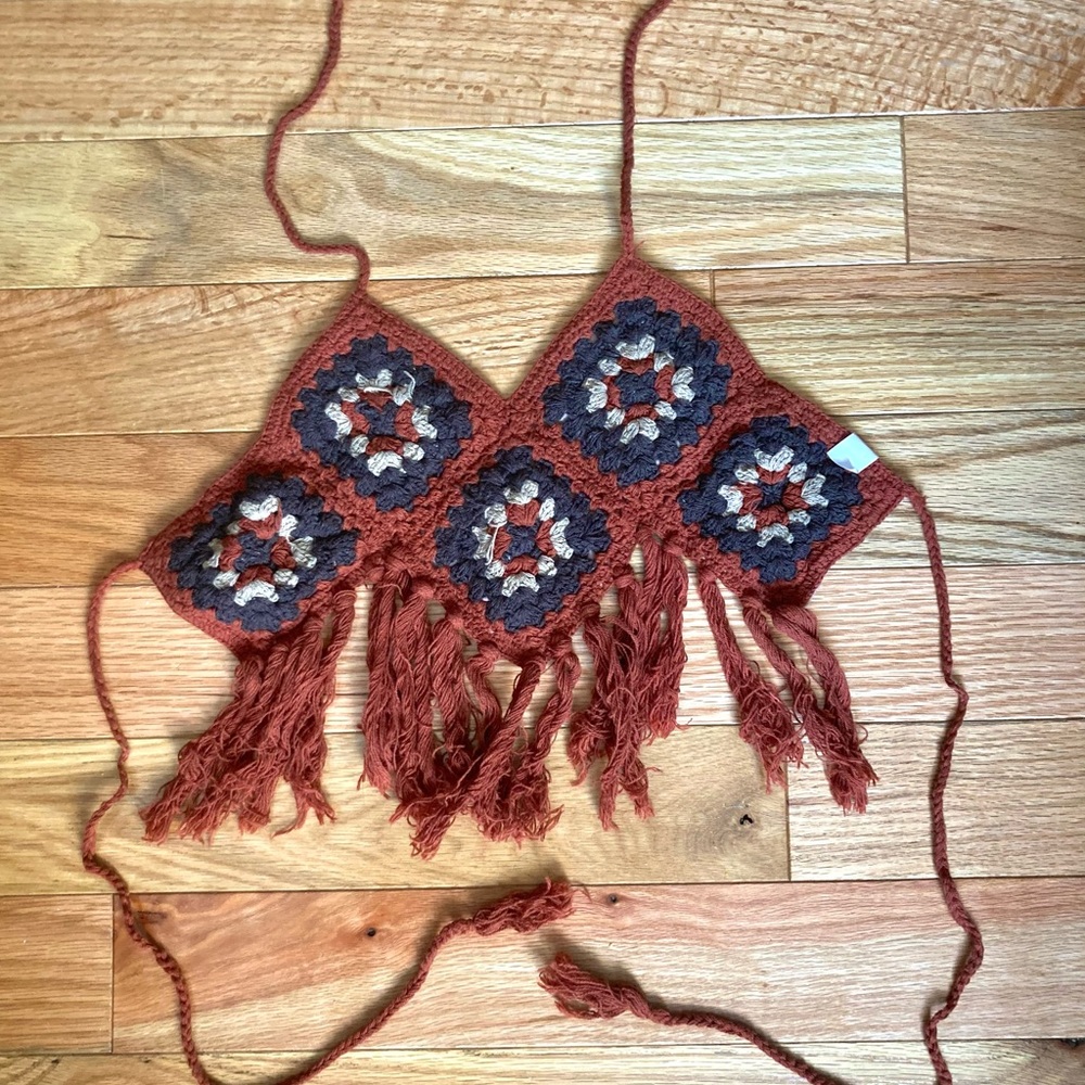 Hippie California Crochet Bohemian Rust/Sage/Cream Crop Tie Top S - Picture 2 of 9